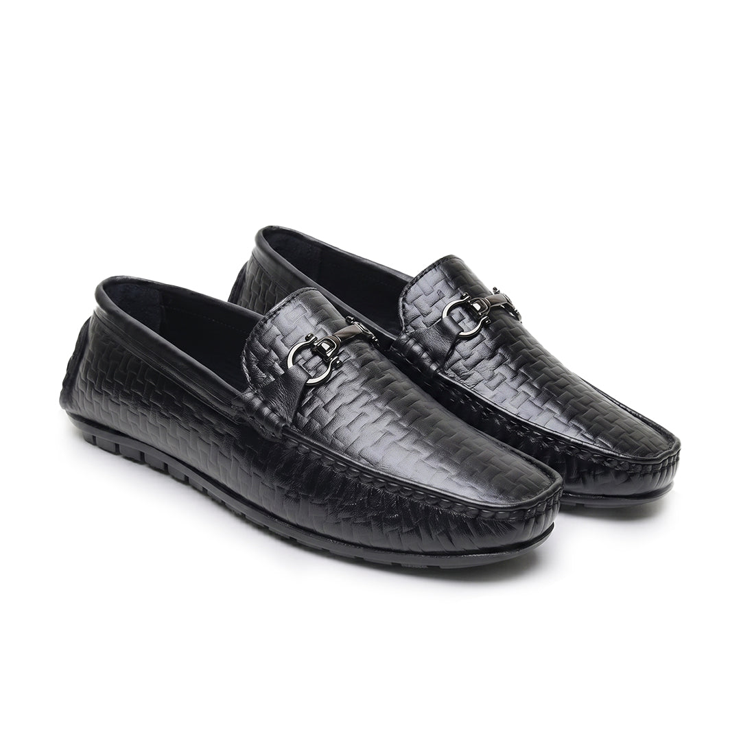 Hayes London | Torque Driving Loafers – Black Woven Embossed Genuine Leather Men’s Shoes