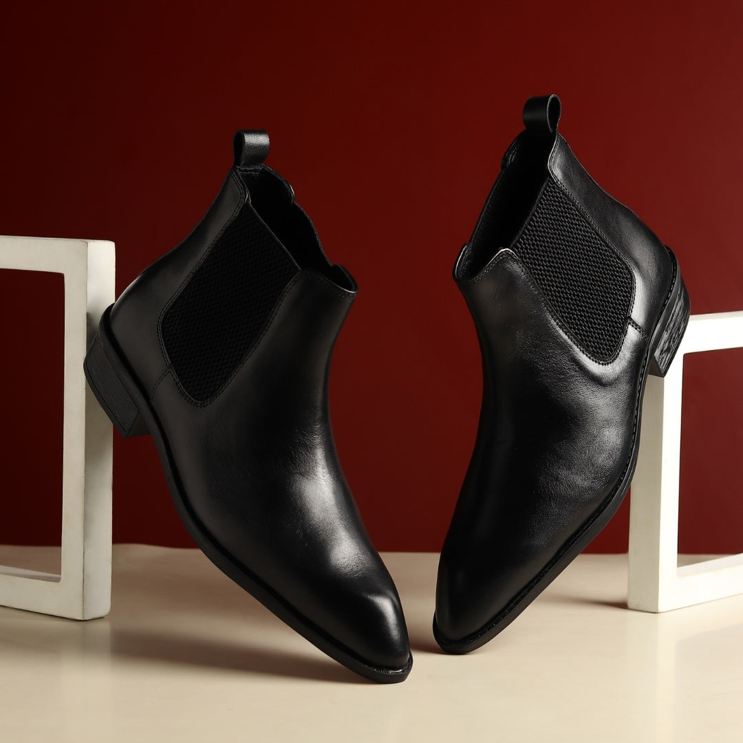 Hayes London | Triabbiani Cuban Heel Boots – Black Plain Genuine Leather Men’s Boots (2.5-Inch Heel & Tapered Toe Design)
