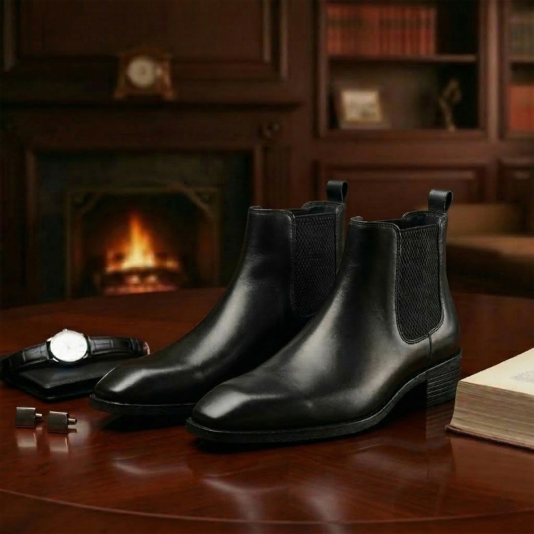 Hayes London | Triabbiani Cuban Heel Boots – Black Plain Genuine Leather Men’s Boots (2.5-Inch Heel & Tapered Toe Design)