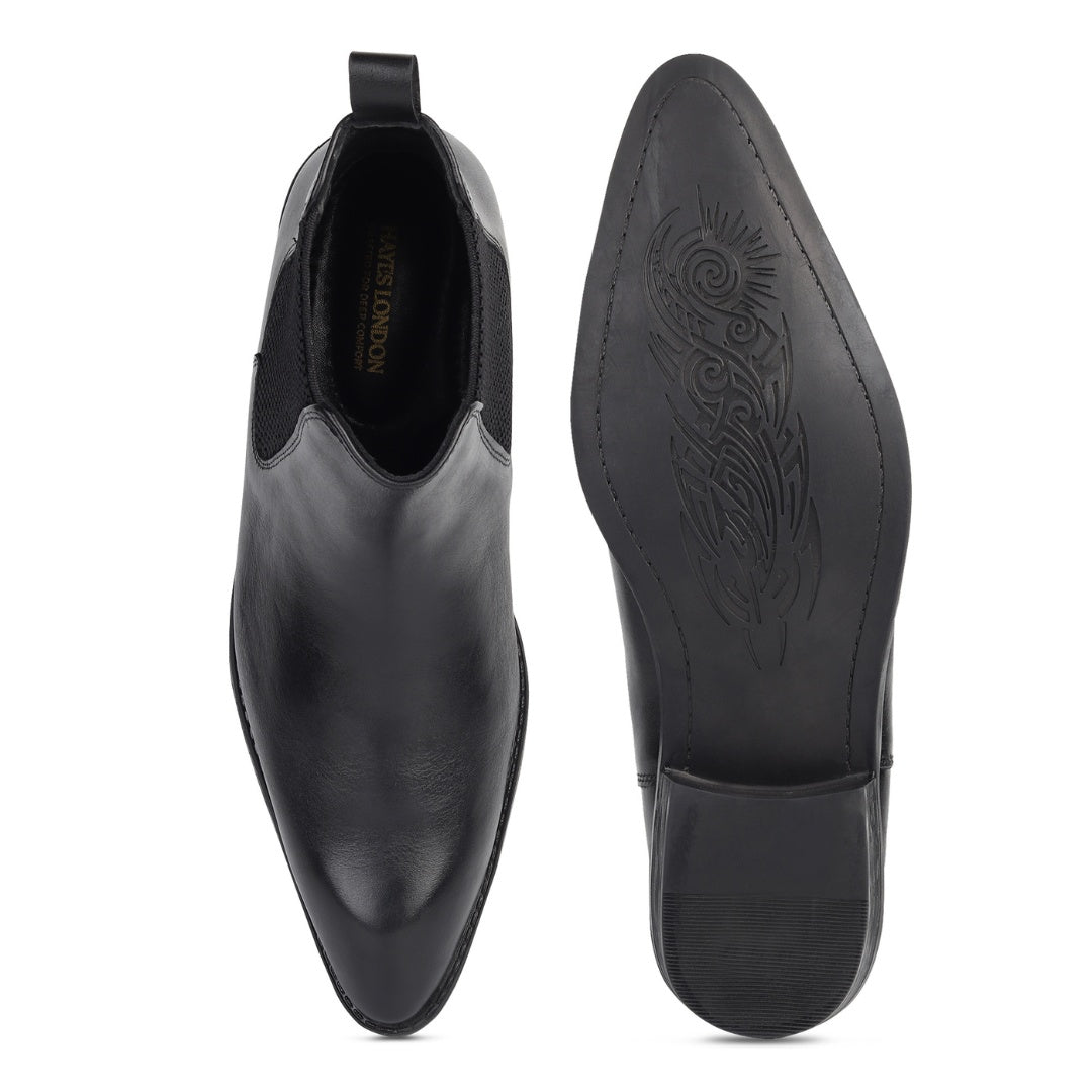 Hayes London | Triabbiani Cuban Heel Boots – Black Plain Genuine Leather Men’s Boots (2.5-Inch Heel & Tapered Toe Design)