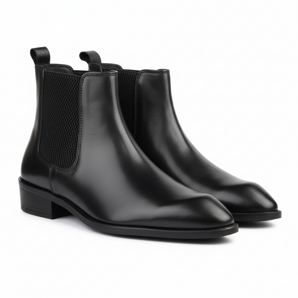 Hayes London | Triabbiani Cuban Heel Boots – Black Plain Genuine Leather Men’s Boots (2.5-Inch Heel & Tapered Toe Design)