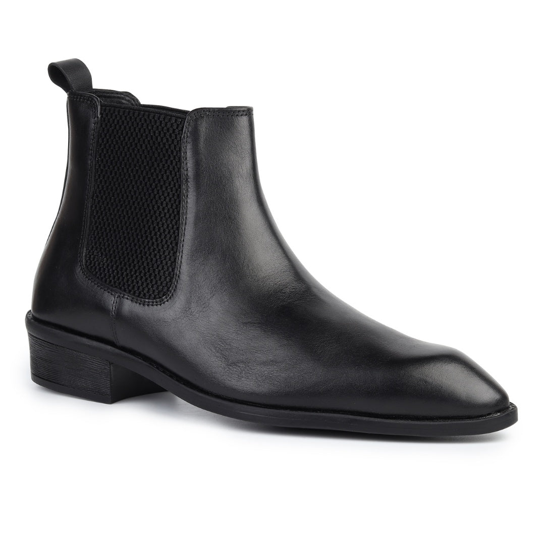 Hayes London | Triabbiani Cuban Heel Boots – Black Plain Genuine Leather Men’s Boots (2.5-Inch Heel & Tapered Toe Design)