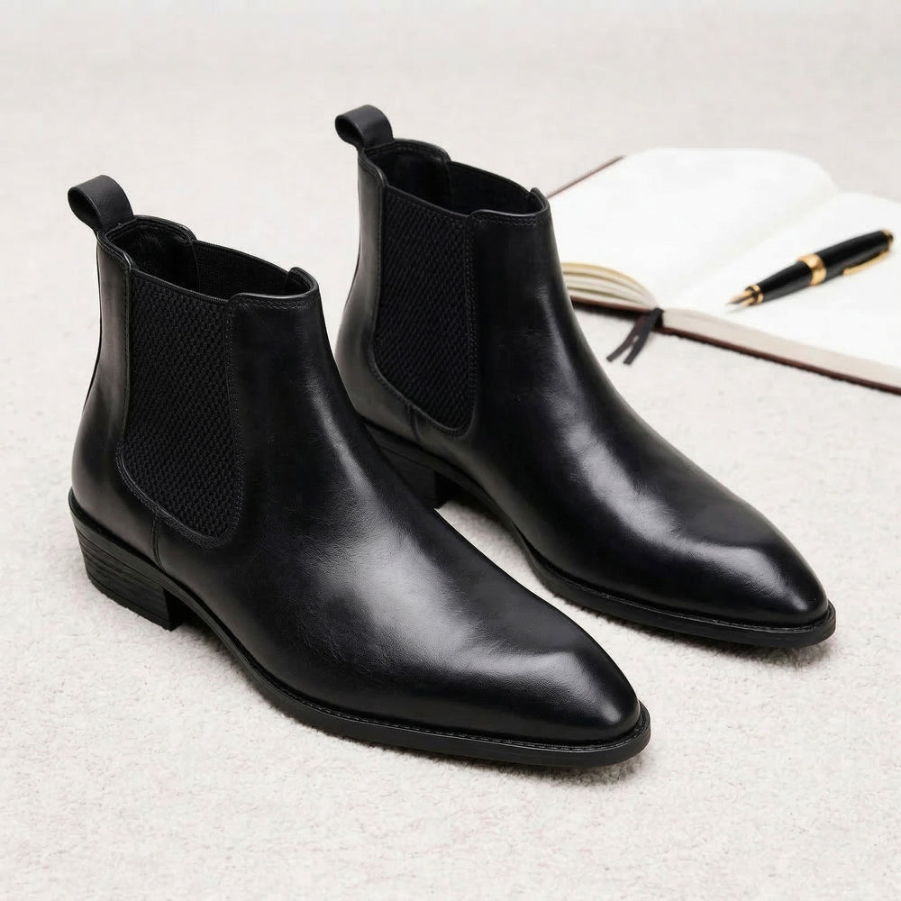 Hayes London | Triabbiani Cuban Heel Boots – Black Plain Genuine Leather Men’s Boots (2.5-Inch Heel & Tapered Toe Design)