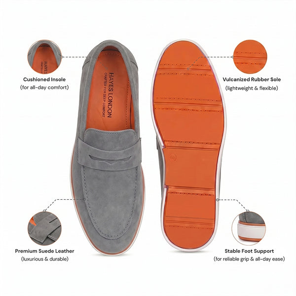Hayes London | Velour Ash Grey - Italian Suede Leather Casual Loafer Shoes for Men – Smart, Breathable Summer-Walk Loafers