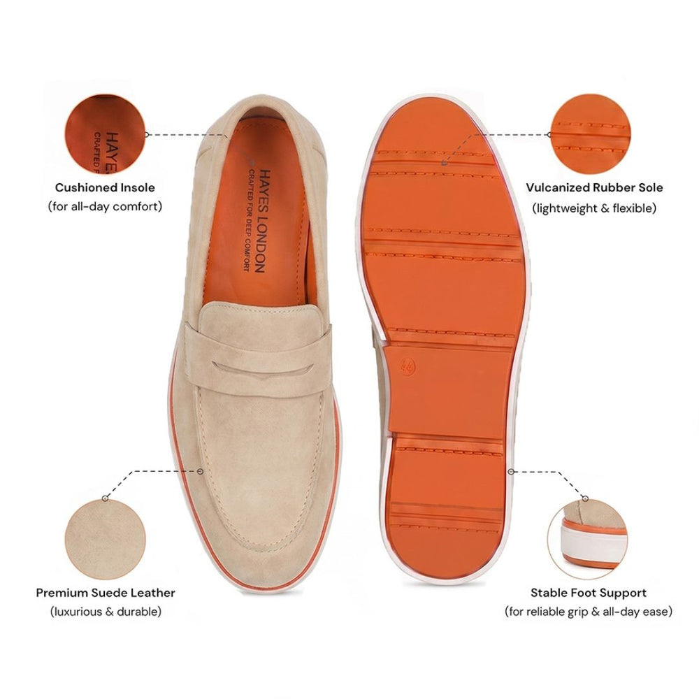 Hayes London | Velour Beige - Italian Suede Leather Casual Loafer Shoes for Men – Smart, Breathable Summer-Walk Loafers