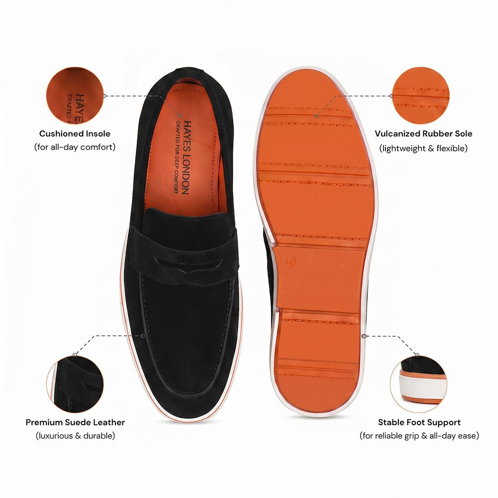 Hayes London | Velour Black - Italian Suede Leather Casual Loafer Shoes for Men – Smart, Breathable Summer-Walk Loafers