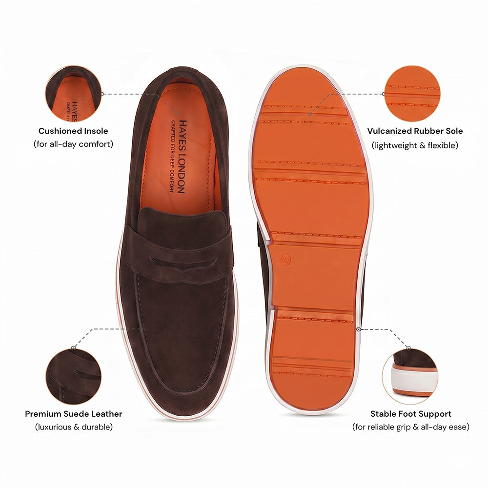 Hayes London | Velour Brown - Italian Suede Leather Casual Loafer Shoes for Men – Smart, Breathable Summer-Walk Loafers