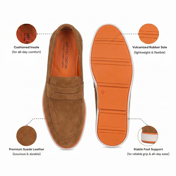 Hayes London | Velour Camel Brown - Italian Suede Leather Casual Loafer Shoes for Men – Smart, Breathable Summer-Walk Loafers