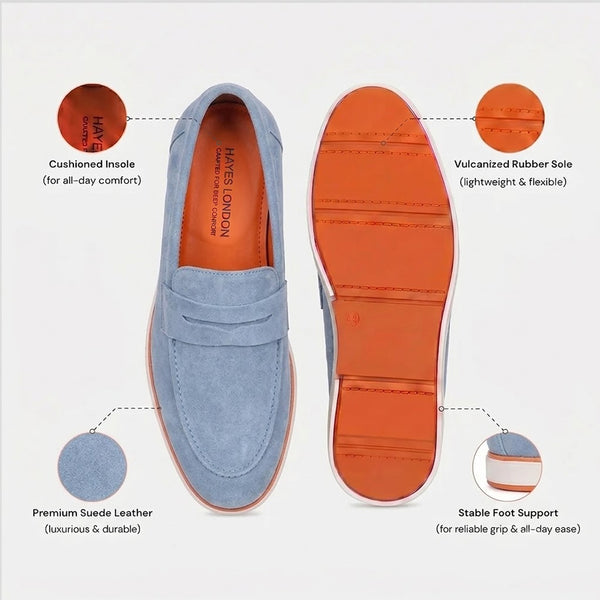 Hayes London | Velour Ice Blue - Italian Suede Leather Casual Loafer Shoes for Men – Smart, Breathable Summer-Walk Loafers