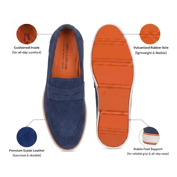 Hayes London | Velour Navy Blue - Italian Suede Leather Casual Loafer Shoes for Men – Smart, Breathable Summer-Walk Loafers