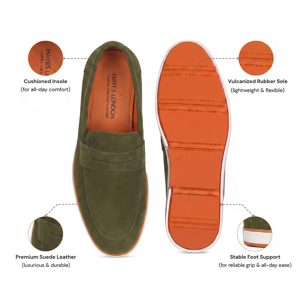 Hayes London | Velour Olive Green - Italian Suede Leather Casual Loafer Shoes for Men – Smart, Breathable Summer-Walk Loafers