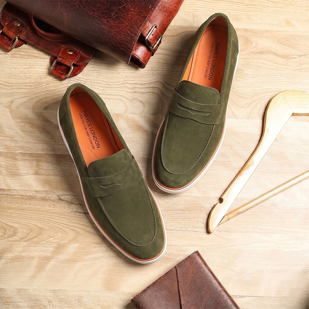 Hayes London | Velour Olive Green - Italian Suede Leather Casual Loafer Shoes for Men – Smart, Breathable Summer-Walk Loafers