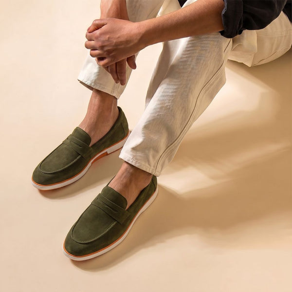 Hayes London | Velour Olive Green - Italian Suede Leather Casual Loafer Shoes for Men – Smart, Breathable Summer-Walk Loafers