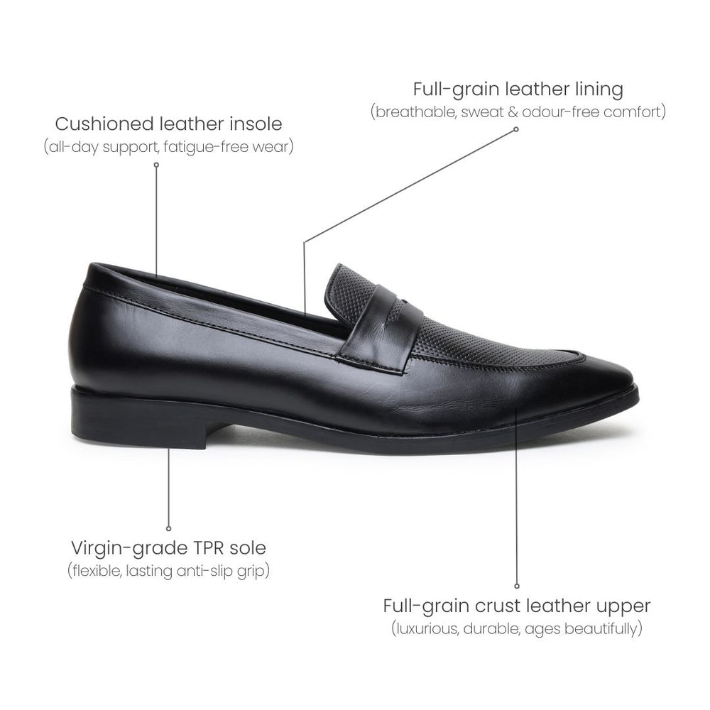 Hayes London | Windsor Black Formal Penny Loafers for Men – Genuine Leather Dotted Slip-On Shoes for Office & Party Wear