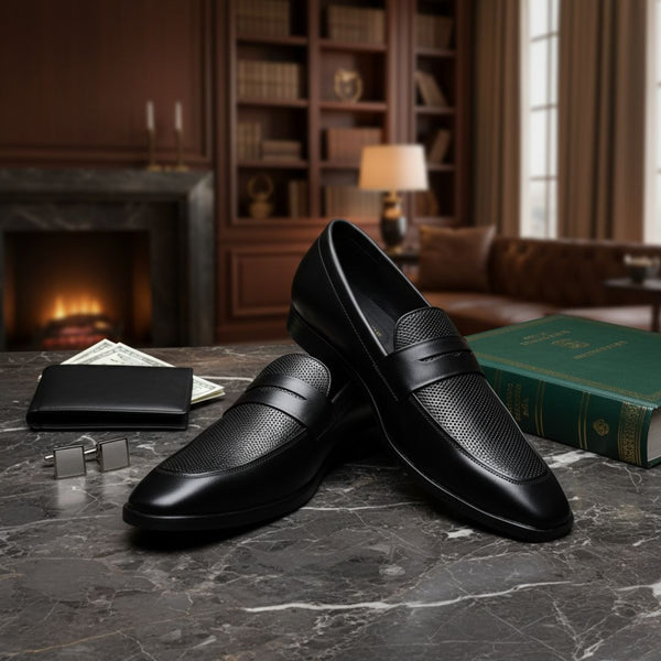Hayes London | Windsor Black Genuine Leather Penny Loafers for Men – Formal Slip-On Shoes for Office & Party Wear